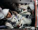 GT-6 PREFLIGHT ACTIVITY (LEAVE SUITING TRAILER) - ASTRONAUT WALTER M. SCHIRRA, JR. - SUIT