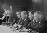 Gemini 9 prime and backup crews during press conference - MSC