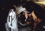 Astronauts Stafford and Brand at controls of Apollo Command Module