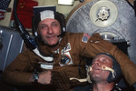 Astronauts Stafford and Slayton visit Soviet Soyuz spacecraft